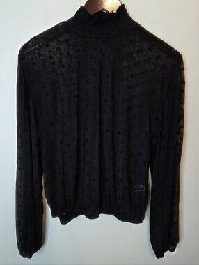 Versona Black Sheer Mock Neck Swiss Dot Long Sleeve Top Size Small Witchy